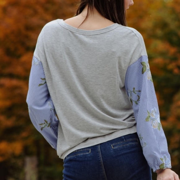 Les Amis Stripes Floral Embellishments Blouse - Picture 3 of 7